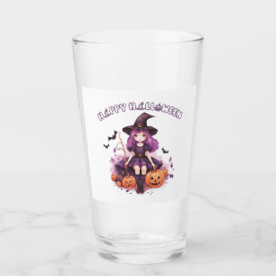 Happy Halloween Purple Witch Pumpkins & Bats Glass