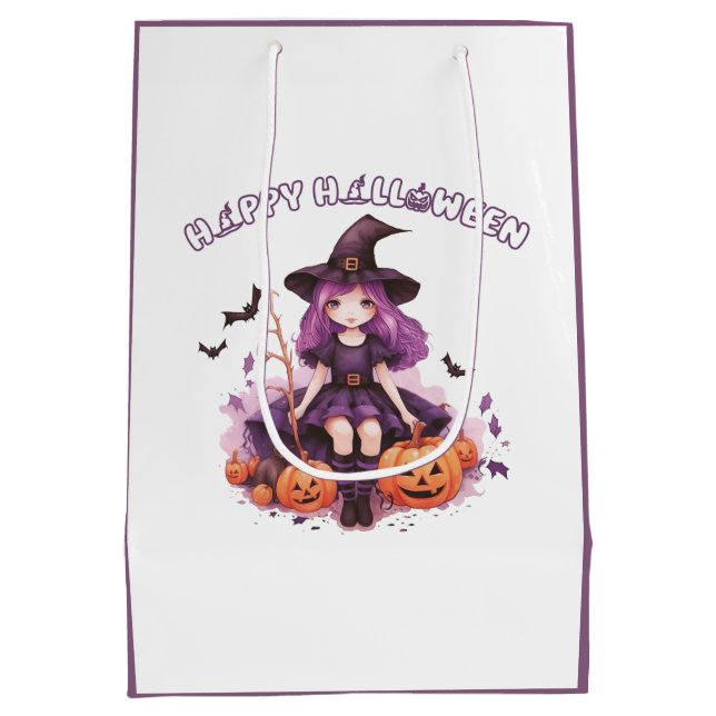 Happy Halloween Purple Witch Pumpkins & Bats Medium Gift Bag (Back)