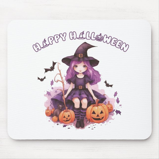 Happy Halloween Purple Witch Pumpkins & Bats Mouse Mat (Front)