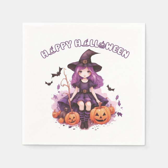 Happy Halloween Purple Witch Pumpkins & Bats Napkin (Front)