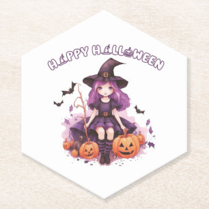 Happy Halloween Purple Witch Pumpkins & Bats Paper Coaster