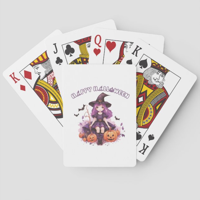 Happy Halloween Purple Witch Pumpkins & Bats Playing Cards (Back)
