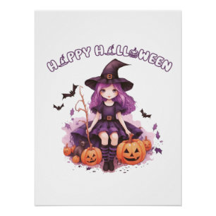 Happy Halloween Purple Witch Pumpkins & Bats Poster