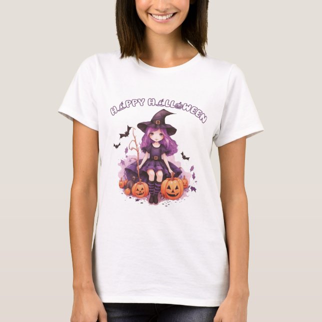 Happy Halloween Purple Witch Pumpkins & Bats T-Shirt (Front)