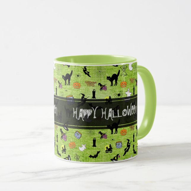 "Happy Halloween"  Random Iconic Pattern Green Mug (Front Right)