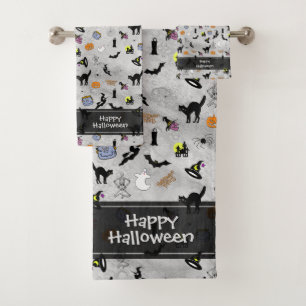 Happy Halloween Random Iconic Pattern Grey Grunge Bath Towel Set