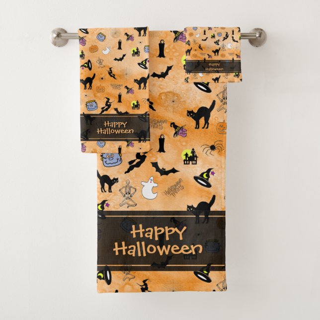 Happy Halloween Random Iconic Pattern Orange Bath Towel Set (Insitu)