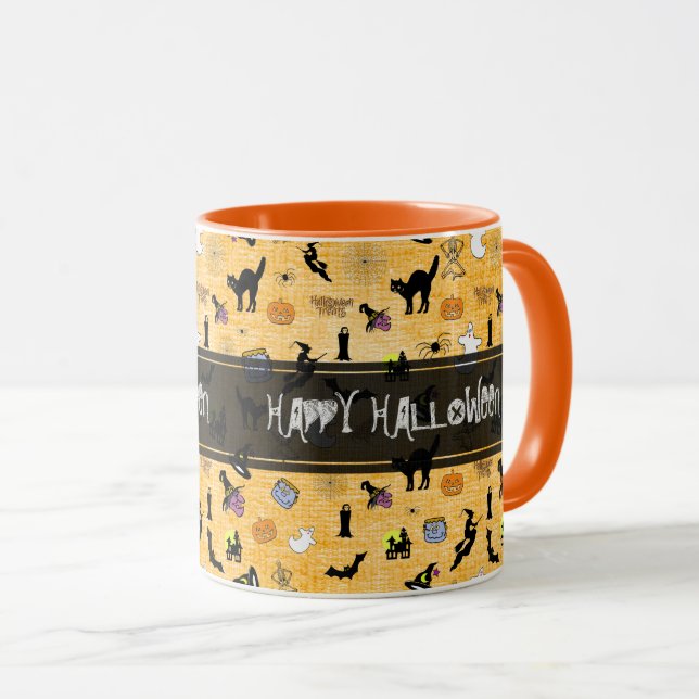 "Happy Halloween"  Random Iconic Pattern Orange Mug (Front Right)
