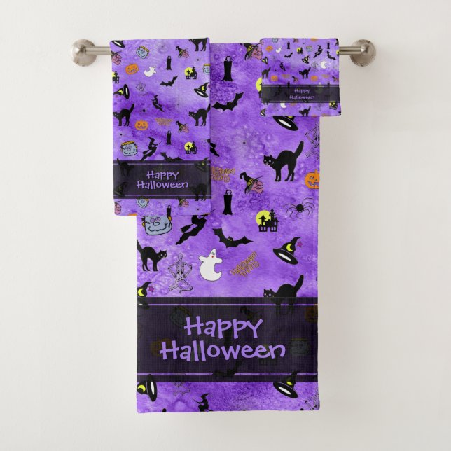 Happy Halloween Random Iconic Pattern Purple  Bath Towel Set (Insitu)