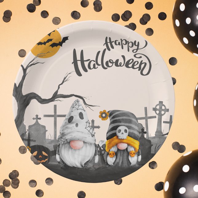 Happy Halloween Retro Gnomes in Cemetery Paper Plate (Creator Uploaded)