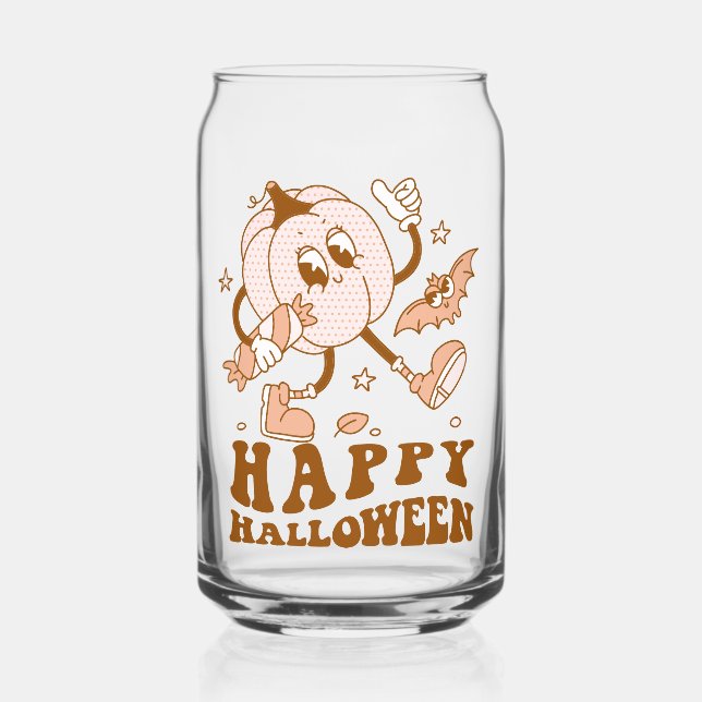 Happy Halloween| Retro Polka Dot Pumpkin Can Glass (Front)