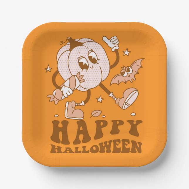 Happy Halloween| Retro Polka Dot Pumpkin Paper Plate (Front)