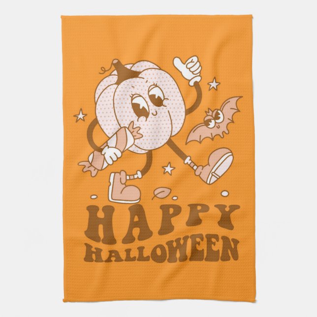 Happy Halloween| Retro Polka Dot Pumpkin Tea Towel (Vertical)
