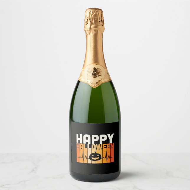 Happy halloween retro sunset heart frequency sparkling wine label (Front)