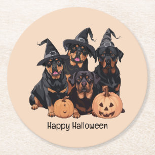 Happy Halloween Rottweiler Dogs Jack O Lantern Round Paper Coaster