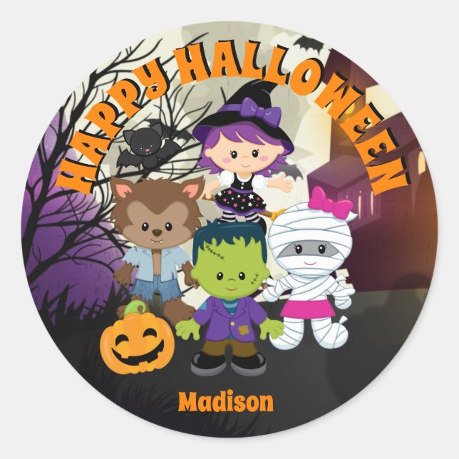 Happy Halloween Round Labels for Kids Personalised (Front)