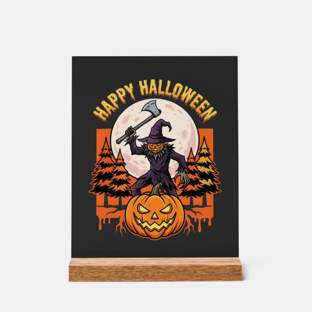 Happy Halloween Scarecrow Jack O Lantern Vector Acrylic Sign (Front)