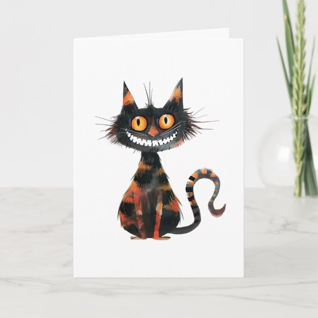 Happy Halloween Scary Black Cat Greeting Card (Front)