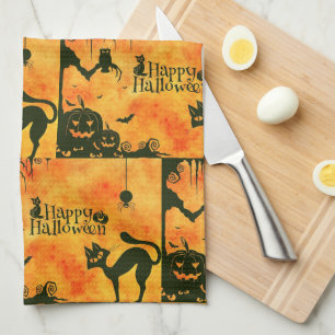 Happy Halloween Scary Black Cat Pumpkin Kitchen Tea Towel