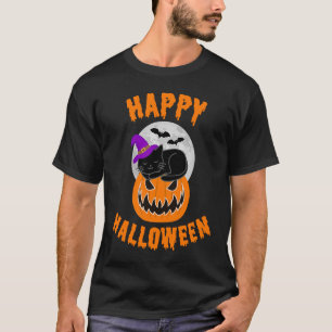 Happy Halloween Scary Pumpkin Black Cat Witch Moon T-Shirt