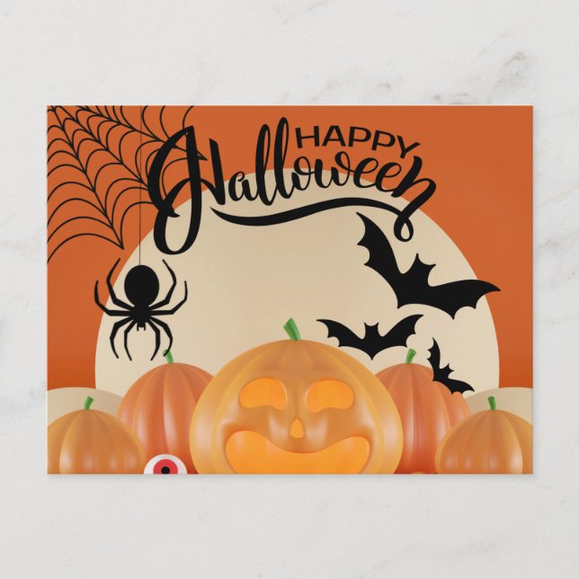Happy Halloween Scary Pumpkins, Bats and Spider Postcard (Front)