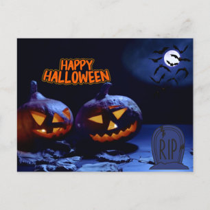 Happy Halloween Scary Pumpkins, RIP, Bats Postcard