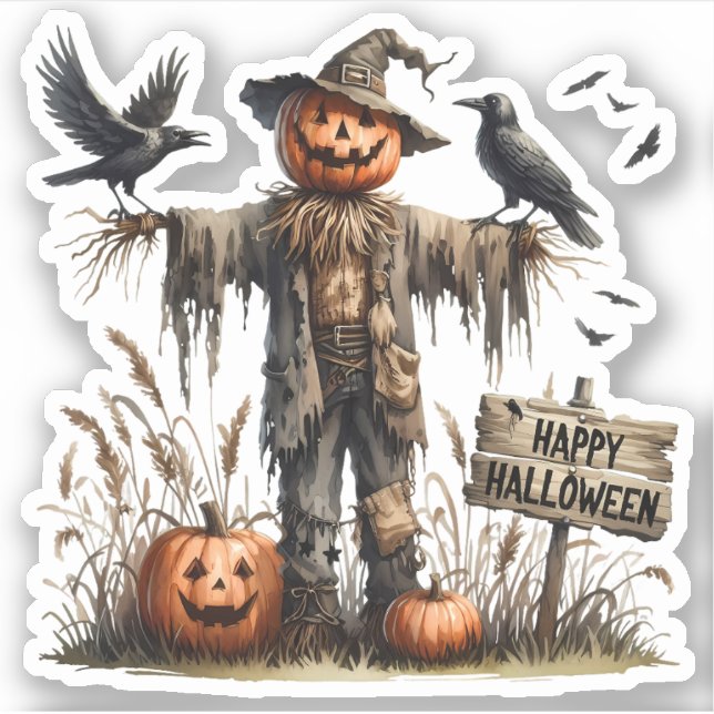Happy Halloween - Scary Scarecrow and Crows (Front)