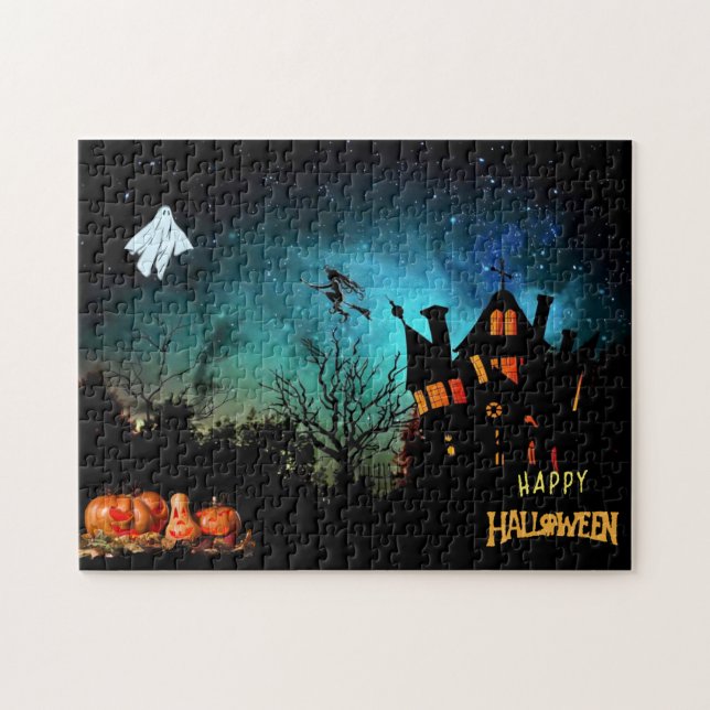 Happy Halloween Scary Witch, Ghost and Pumpkins   Jigsaw Puzzle (Horizontal)