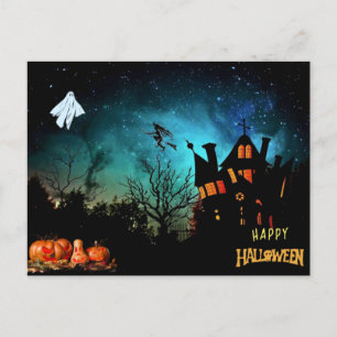 Happy Halloween Scary Witch, Ghost and Pumpkins  Postcard