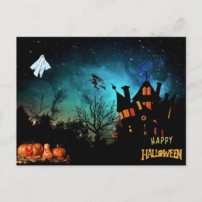 Happy Halloween Scary Witch, Ghost and Pumpkins  Postcard (Front)