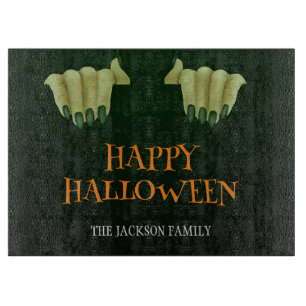 Happy Halloween Scary Witch Hand Family Name Cutting Board