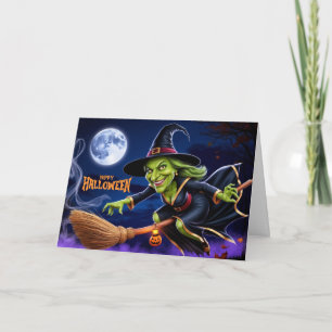 Happy Halloween Scary Witch on Broom  Holiday Card