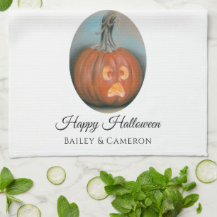 Happy Halloween Screaming Jack O Lantern Pumpkin Tea Towel