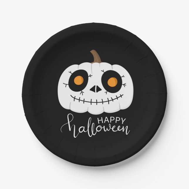 Happy Halloween Script Cute Pumpkin Paper Plate (Front)