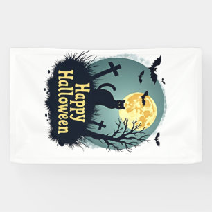 Happy Halloween Shirt with Cat in Graveyard - Grun Banner