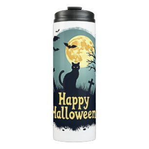Happy Halloween Shirt with Cat in Graveyard - Grun Thermal Tumbler
