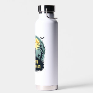 Happy Halloween Shirt with Cat in Graveyard - Grun Water Bottle