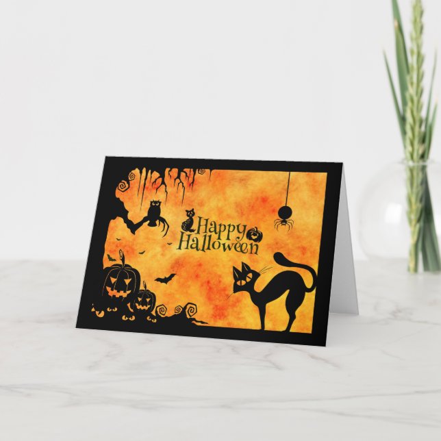 Happy Halloween Silhouette Black Cat and Friends Card (Front)
