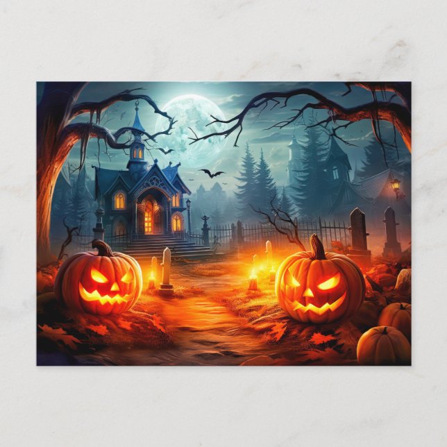 Happy Halloween Sinister Haunted House & Pumpkins Postcard (Front)
