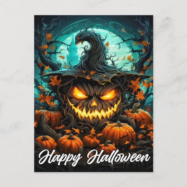 Happy Halloween Sinister Illuminating Mad Pumpkin Postcard (Front)
