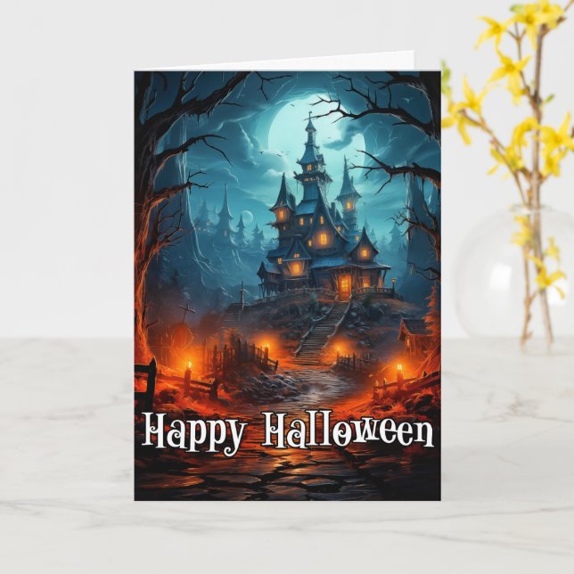 Happy Halloween | Sinister Old Haunted Mansion Card (Yellow Flower)