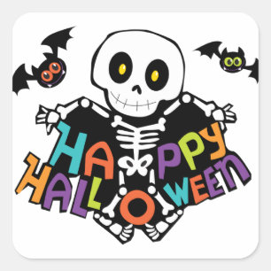 Happy Halloween (Skeleton and Bats) Square Sticker