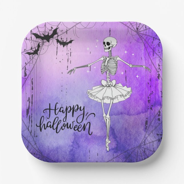 Happy Halloween Skeleton Ballerina Purple Paper Plate (Front)