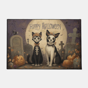 Happy Halloween Skeleton Cat and Dog in Graveyard Doormat