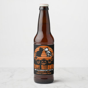 Happy Halloween Skeleton Cat Retro Sunset Beer Bottle Label