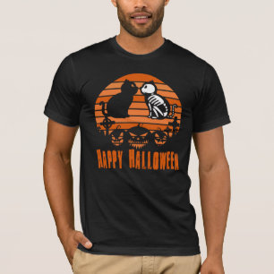 Happy Halloween Skeleton Cat Retro Sunset T-Shirt