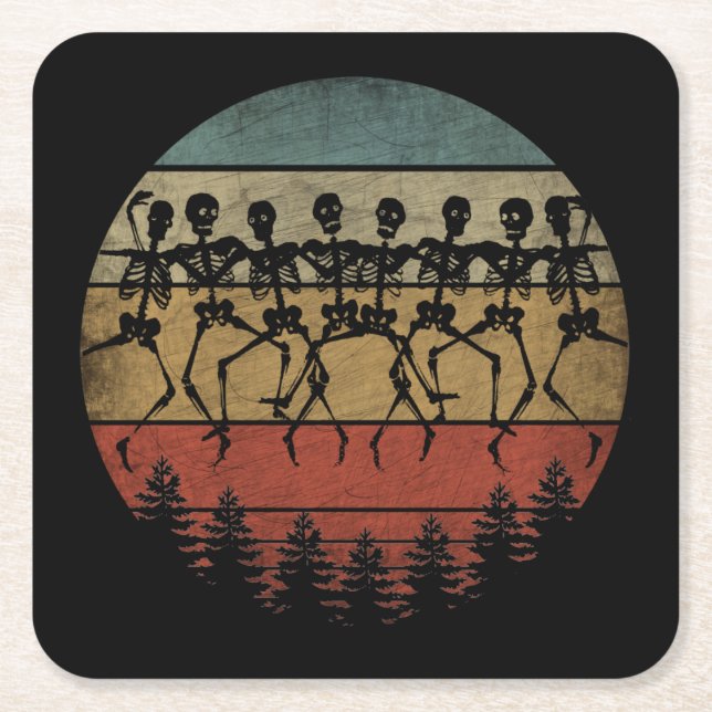 HAPPY HALLOWEEN SKELETON DANCE SQUARE PAPER COASTER (Front)