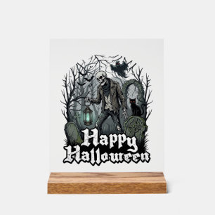 Happy Halloween Skeleton Lantern Black Cat Graveya Acrylic Sign