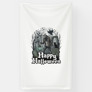 Happy Halloween Skeleton Lantern Black Cat Graveya Banner