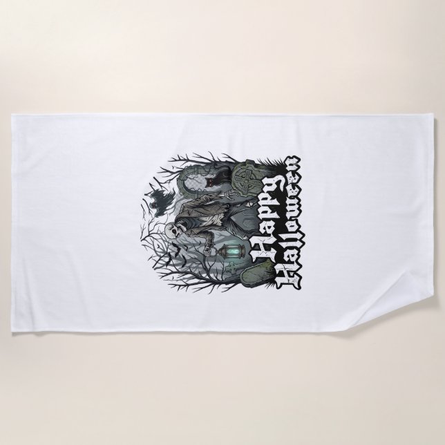 Happy Halloween Skeleton Lantern Black Cat Graveya Beach Towel (Front)